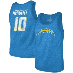Men's Majestic Threads Justin Herbert Powder Blue Los Angeles Chargers Name & Number Tri-Blend Tank Top