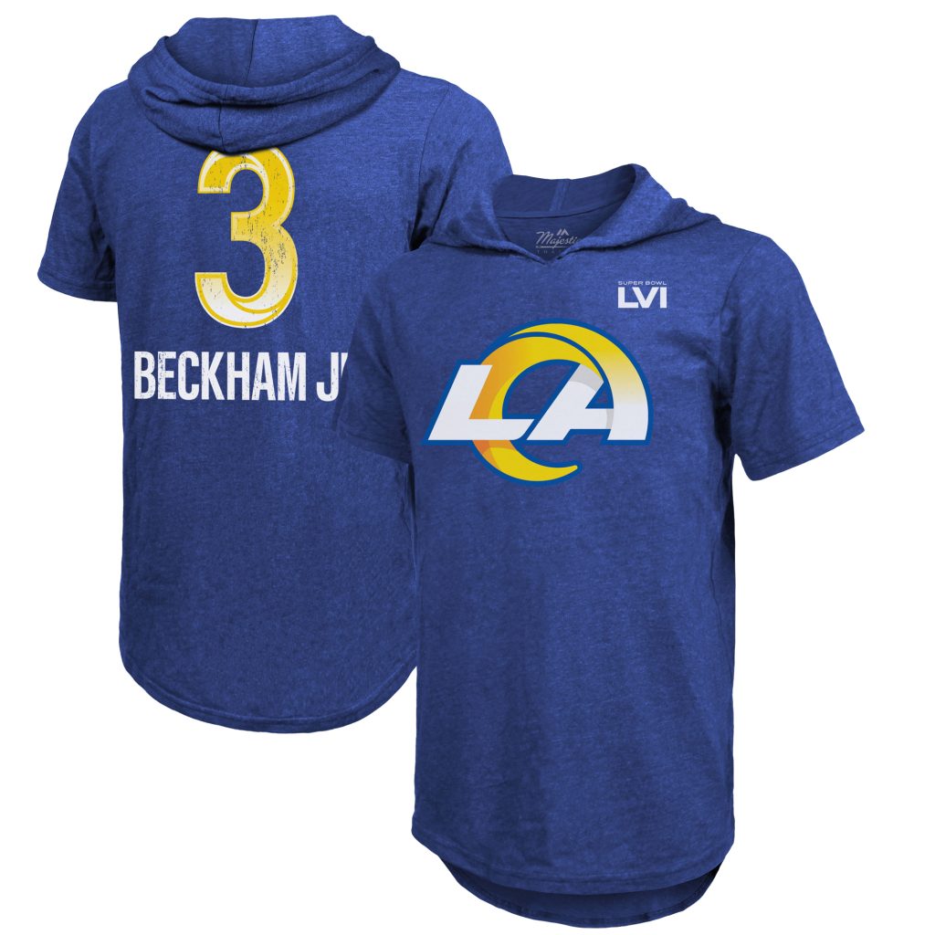 Men's Majestic Threads Odell Beckham Jr. Royal Los Angeles Rams Super Bowl LVI Name & Number Short Sleeve Hoodie T-Shirt