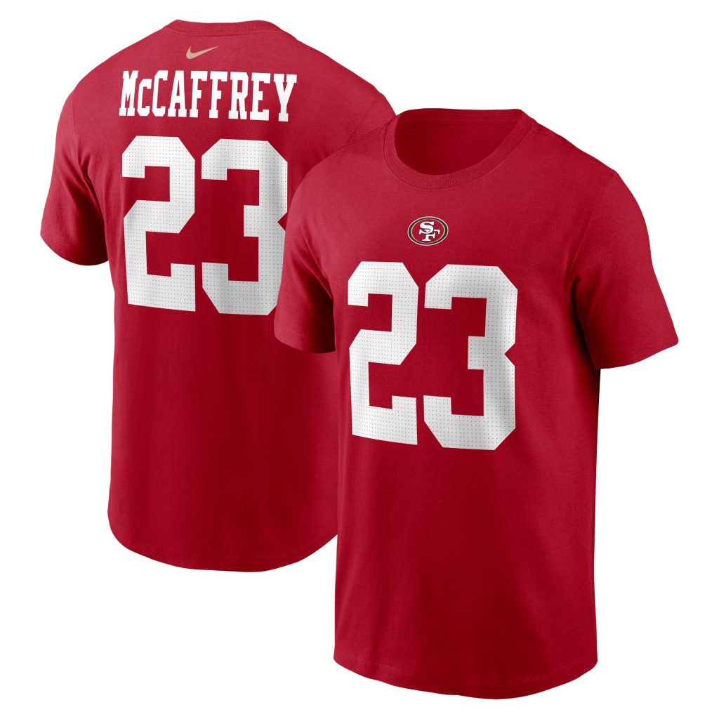 Men's Nike Christian McCaffrey Scarlet San Francisco 49ers Player Name & Number T-Shirt