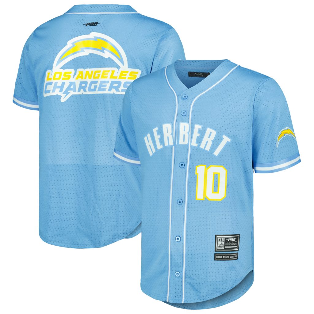 Men's Pro Standard Justin Herbert Powder Blue Los Angeles Chargers Mesh Baseball Button-Up T-Shirt