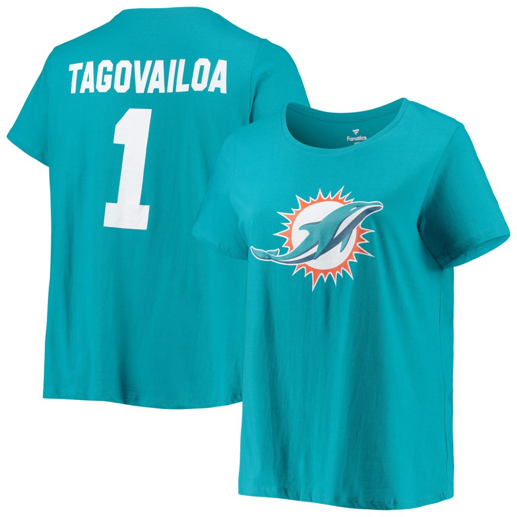 Women's Fanatics Branded Tua Tagovailoa Aqua Miami Dolphins Plus Size Name & Number T-Shirt