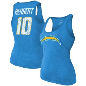 Women's Majestic Threads Heathered Powder Blue Los Angeles Chargers Name & Number Tri-Blend Tank Top