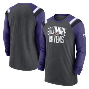 Men's Nike Heathered Charcoal/Purple Baltimore Ravens Tri-Blend Raglan Athletic Long Sleeve Fashion T-Shirt