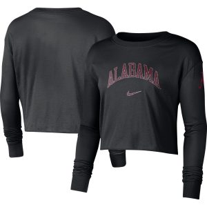 Women's Nike Black Alabama Crimson Tide 2-Hit Cropped Long Sleeve Logo T-Shirt
