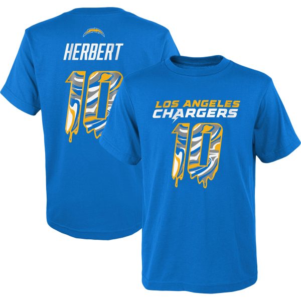 Youth Justin Herbert Powder Blue Los Angeles Chargers Mainliner Drip Player Name & Number T-Shirt