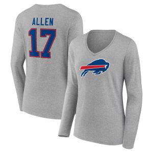 Women's Fanatics Branded Josh Allen Gray Buffalo Bills Icon Player Name & Number Long Sleeve V-Neck T-Shirt