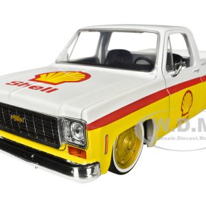 1973 Chevrolet Cheyenne 10 Pickup Truck White and Yellow with Red Stripes Shell Oil Limited Edition to 7050 pieces Worldwide 1/24 Diecast Model Car by M2 Machines